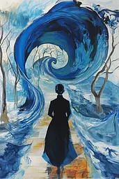 Midjourney generated image using SREF code Cerulean Riddle: A painting of a woman walking down a path in the woods.