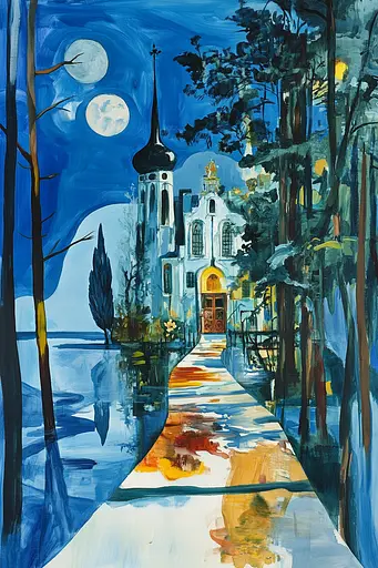 Midjourney generated image using SREF code Cerulean Riddle: A painting of a church in the woods at night.