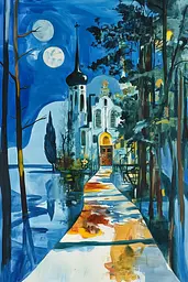 Midjourney generated image using SREF code Cerulean Riddle: A painting of a church in the woods at night.
