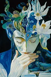Midjourney generated image using SREF code Cerulean Riddle: A painting of a woman with flowers in her hair.