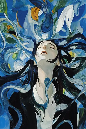 Midjourney generated image using SREF code Cerulean Riddle: A painting of a woman with long black hair and a white dove in her hair.