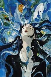 Midjourney generated image using SREF code Cerulean Riddle: A painting of a woman with long black hair and a white dove in her hair.
