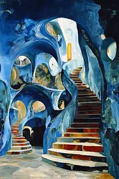 Midjourney generated image using SREF code Cerulean Riddle: A painting of a stairway in a blue building.