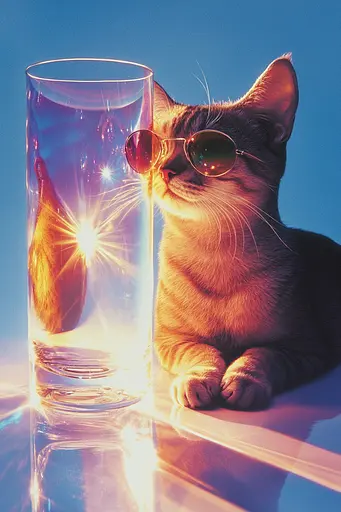 Midjourney generated image using SREF code Luminous Dreams: A cat wearing sunglasses sitting next to a glass of water.