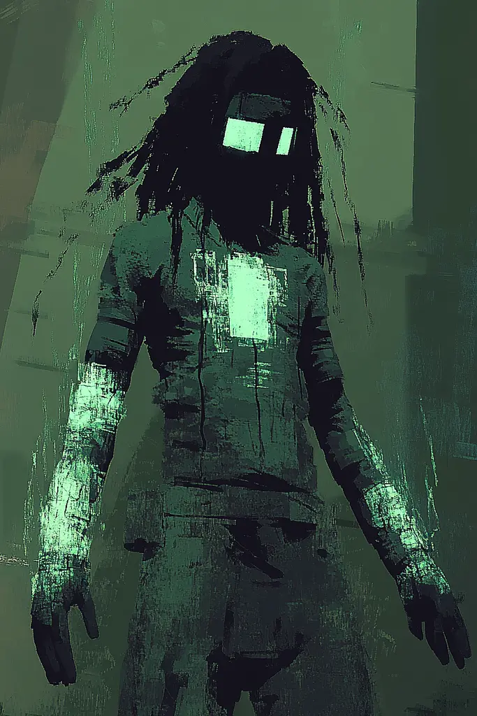 Midjourney generated image using SREF code Static Mirage: A man with dreadlocks standing in a dark room.