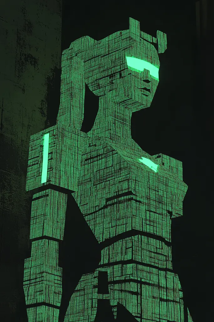 Midjourney generated image using SREF code Static Mirage: A green robot standing in front of a black background.