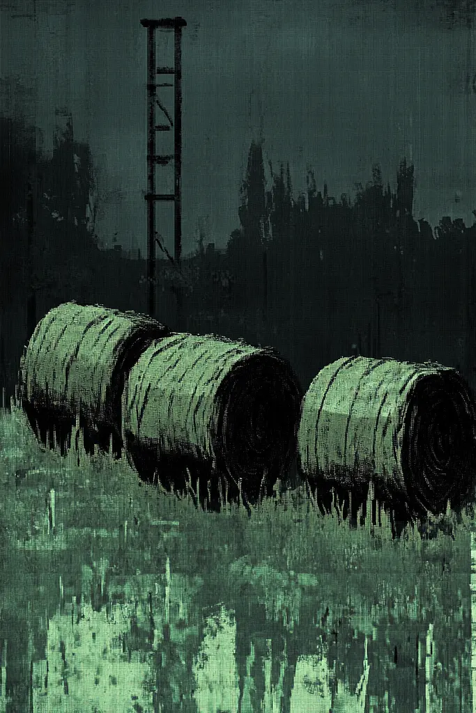 Midjourney generated image using SREF code Static Mirage: A painting of hay bales in a field with a water tower in the background.