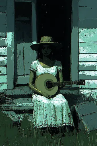 Midjourney generated image using SREF code Static Mirage: A woman sitting on the porch of a house playing a guitar.