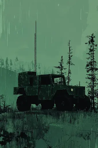 Midjourney generated image using SREF code Static Mirage: A military vehicle is parked in the middle of a forest.