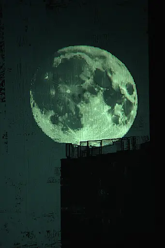 Midjourney generated image using SREF code Static Mirage: A full moon is projected on the side of a building.