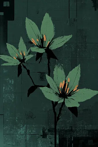 Midjourney generated image using SREF code Static Mirage: A painting of three flowers on a green background.