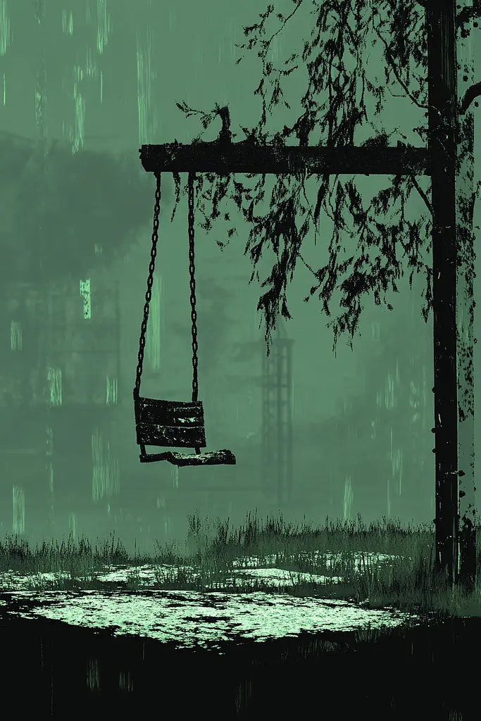 Midjourney generated image using SREF code Static Mirage: A swing hanging from a tree in the rain.