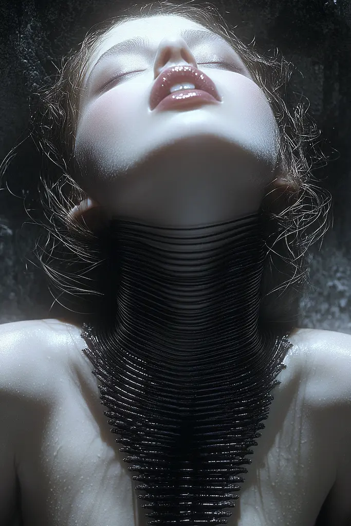 Midjourney generated image using SREF code Krakenlace: A woman with her eyes closed and her head tilted back.
