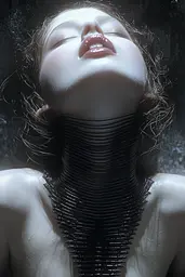 Midjourney generated image using SREF code Krakenlace: A woman with her eyes closed and her head tilted back.