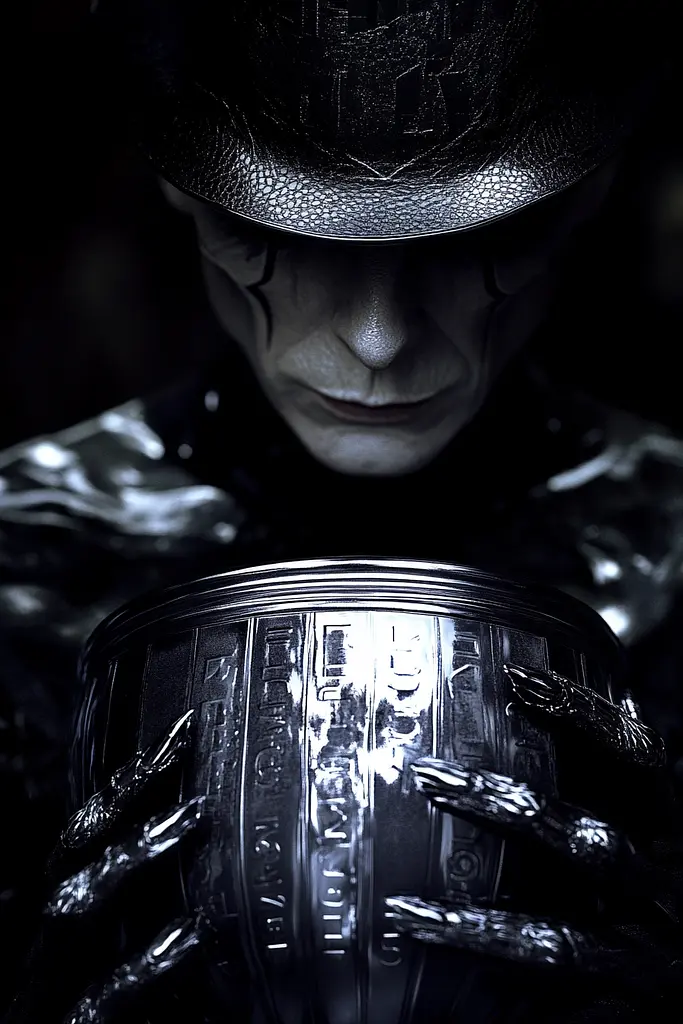 Midjourney generated image using SREF code Krakenlace: A man in a top hat holding a silver trophy.