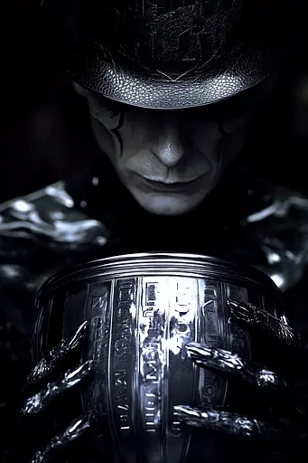 Midjourney generated image using SREF code Krakenlace: A man in a top hat holding a silver trophy.