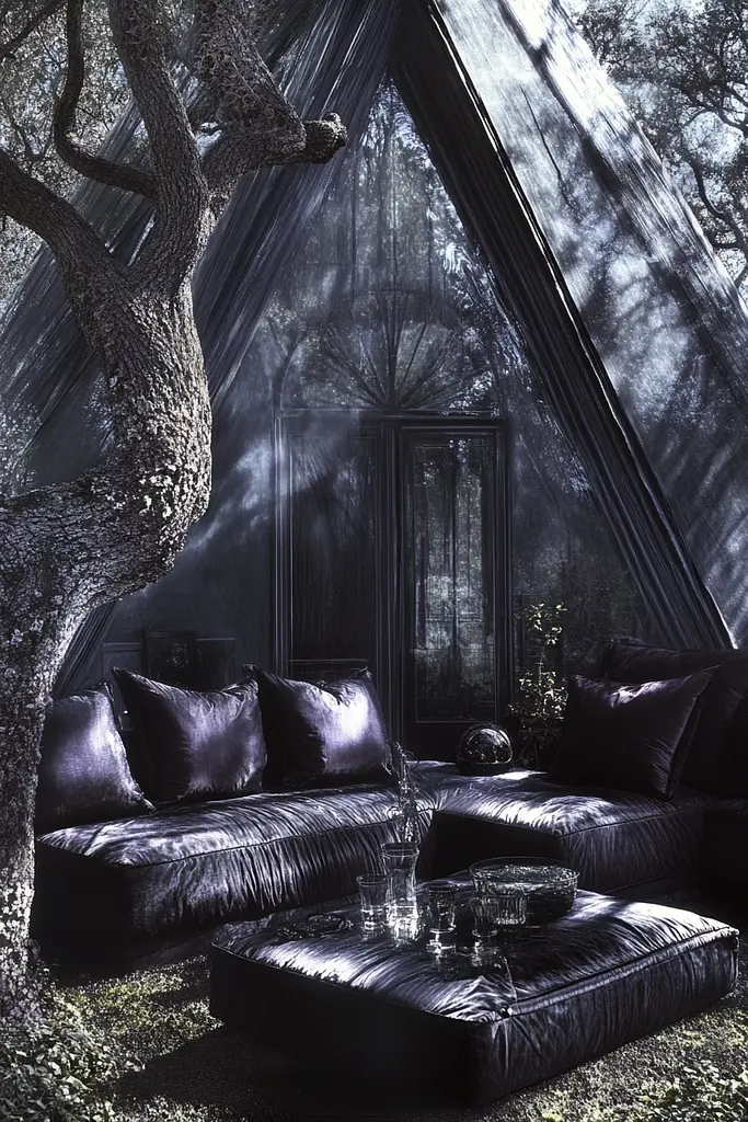 Midjourney generated image using SREF code Krakenlace: A black couch sitting under a tree in a room.