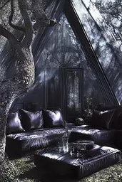 Midjourney generated image using SREF code Krakenlace: A black couch sitting under a tree in a room.