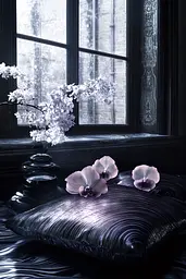Midjourney generated image using SREF code Krakenlace: A black and white photo of a vase of flowers on a window sill.