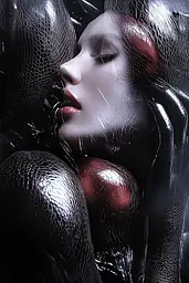 Midjourney generated image using SREF code Krakenlace: A woman in a black latex outfit holding an apple.