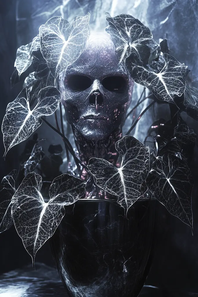 Midjourney generated image using SREF code Krakenlace: A skull with ivy leaves in a vase on a table.
