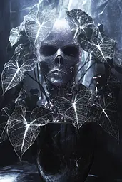 Midjourney generated image using SREF code Krakenlace: A skull with ivy leaves in a vase on a table.