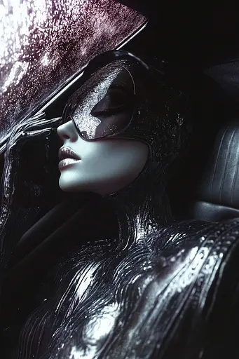 Midjourney generated image using SREF code Krakenlace: A woman in a black leather outfit sitting in a car.