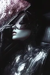 Midjourney generated image using SREF code Krakenlace: A woman in a black leather outfit sitting in a car.