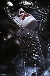 Midjourney generated image using SREF code Krakenlace: A woman with a black hat and red lipstick in the water.