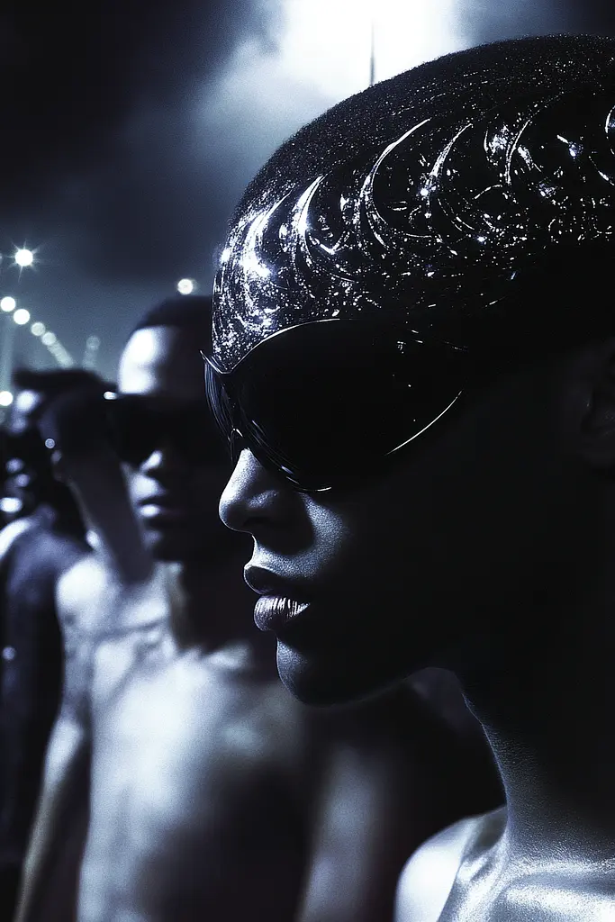 Midjourney generated image using SREF code Krakenlace: A woman in a black hat and sunglasses standing in front of a crowd.