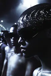 Midjourney generated image using SREF code Krakenlace: A woman in a black hat and sunglasses standing in front of a crowd.