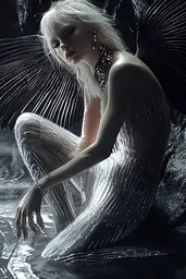 Midjourney generated image using SREF code Krakenlace: A woman in a silver dress sitting on a rock.