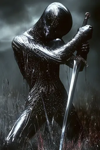 Midjourney generated image using SREF code Krakenlace: A man in a black suit holding a sword in a field.