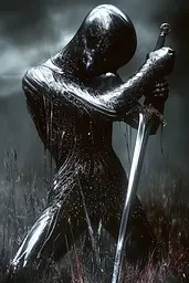 Midjourney generated image using SREF code Krakenlace: A man in a black suit holding a sword in a field.