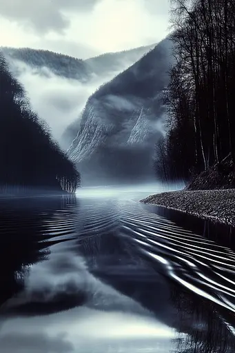 Midjourney generated image using SREF code Krakenlace: A black and white photo of a lake in the middle of a forest.