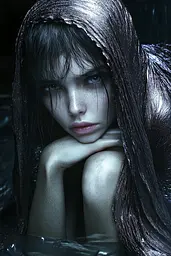 Midjourney generated image using SREF code Krakenlace: A woman with long black hair sitting in the water.