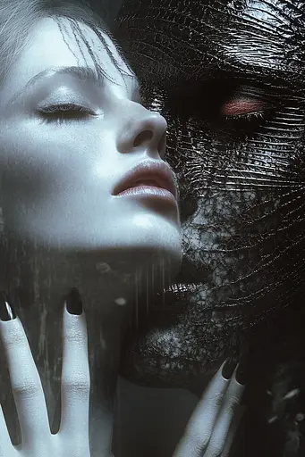 Midjourney generated image using SREF code Krakenlace: A woman with her eyes closed and her face covered in black paint.