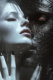 Midjourney generated image using SREF code Krakenlace: A woman with her eyes closed and her face covered in black paint.