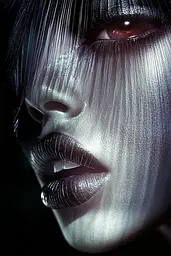 Midjourney generated image using SREF code Krakenlace: A close up of a woman's face with red eyes.