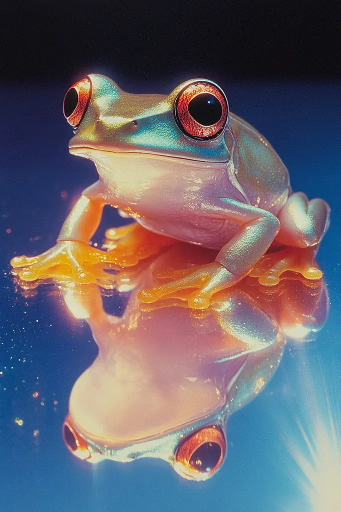 Midjourney generated image using SREF code Luminous Dreams: A colorful frog sitting on top of a blue surface.