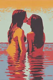 Midjourney generated image using SREF code Pixelated Ember: A couple of women kissing in the water.