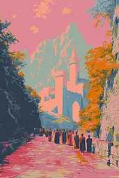 Midjourney generated image using SREF code Pixelated Ember: A group of people walking down a street in front of a castle.