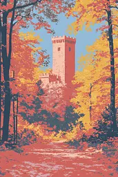 Midjourney generated image using SREF code Pixelated Ember: A painting of a castle in the middle of a forest.