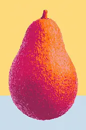 Midjourney generated image using SREF code Pixelated Ember: A red pear on a yellow and blue background.