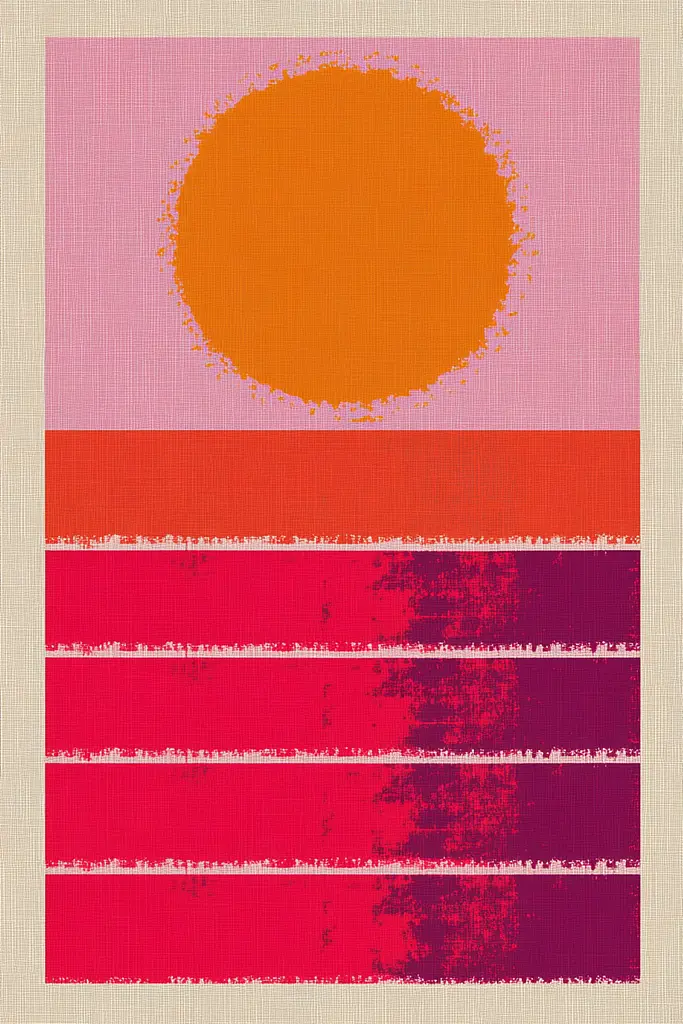 Midjourney generated image using SREF code Pixelated Ember: A pink and orange striped background with a sun in the middle.
