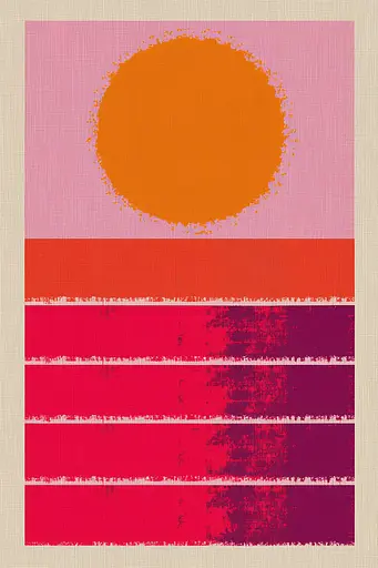 Midjourney generated image using SREF code Pixelated Ember: A pink and orange striped background with a sun in the middle.
