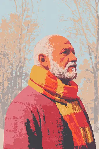Midjourney generated image using SREF code Pixelated Ember: A man with a white beard wearing a red sweater and a yellow scarf.