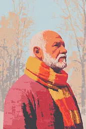 Midjourney generated image using SREF code Pixelated Ember: A man with a white beard wearing a red sweater and a yellow scarf.