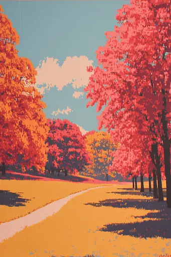 Midjourney generated image using SREF code Pixelated Ember: A painting of a road lined with trees in the fall.