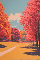Midjourney generated image using SREF code Pixelated Ember: A painting of a road lined with trees in the fall.